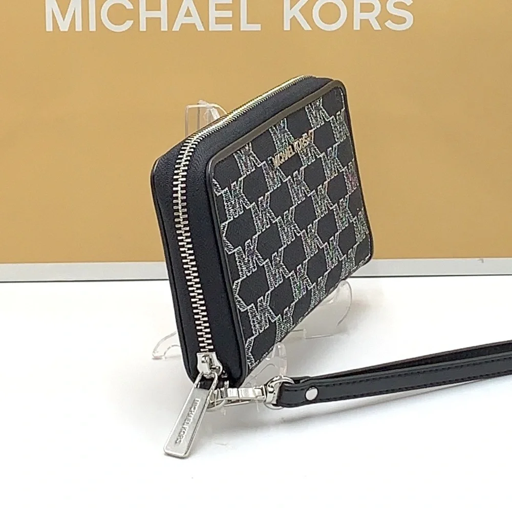 Michael Kors Jet Set Travel Large Phone Case Wristlet Wallet Black Glitter Multi
